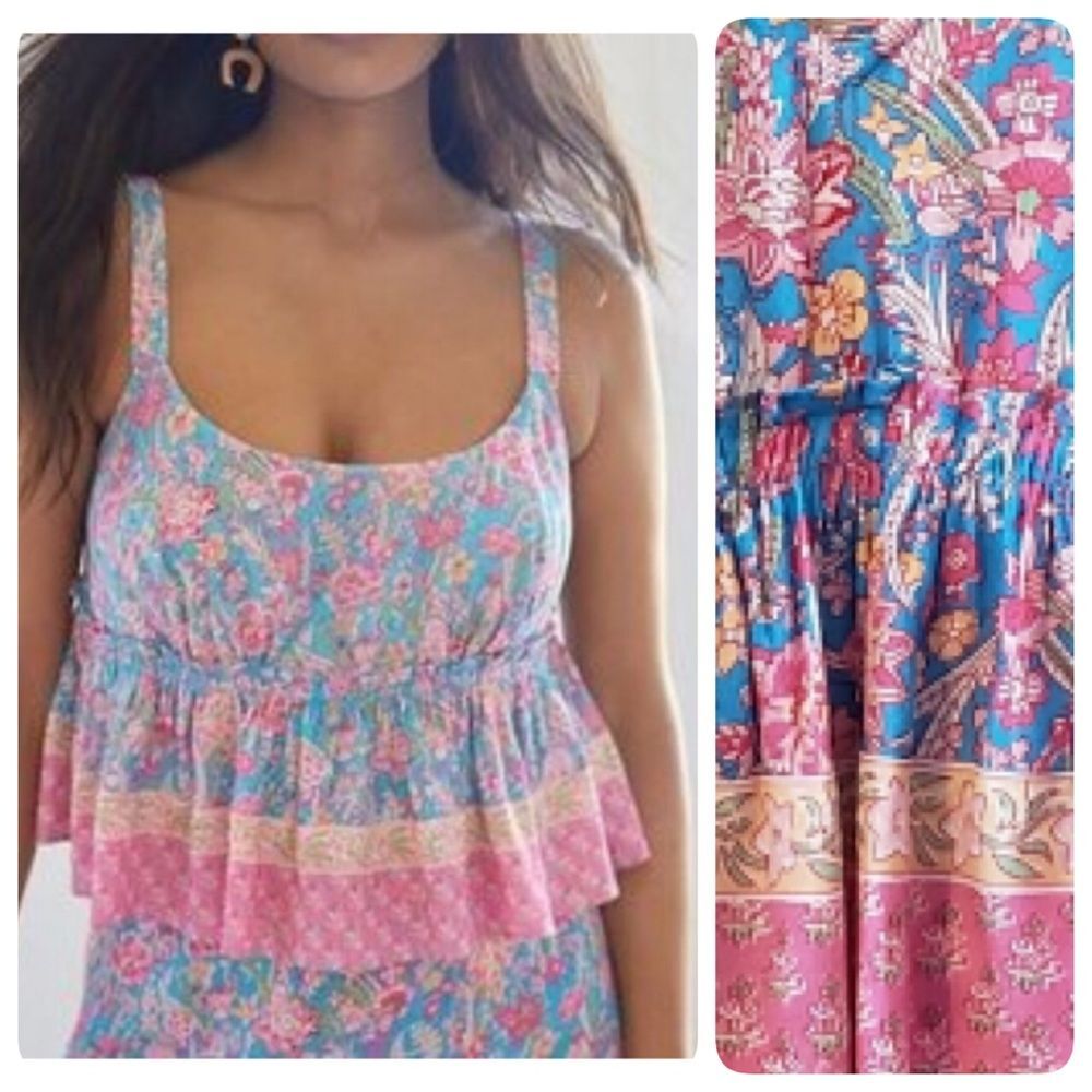 Anthropologie Plenty by Tracy Reese Meadow Blue Pink Floral Babydoll Tank Top XL